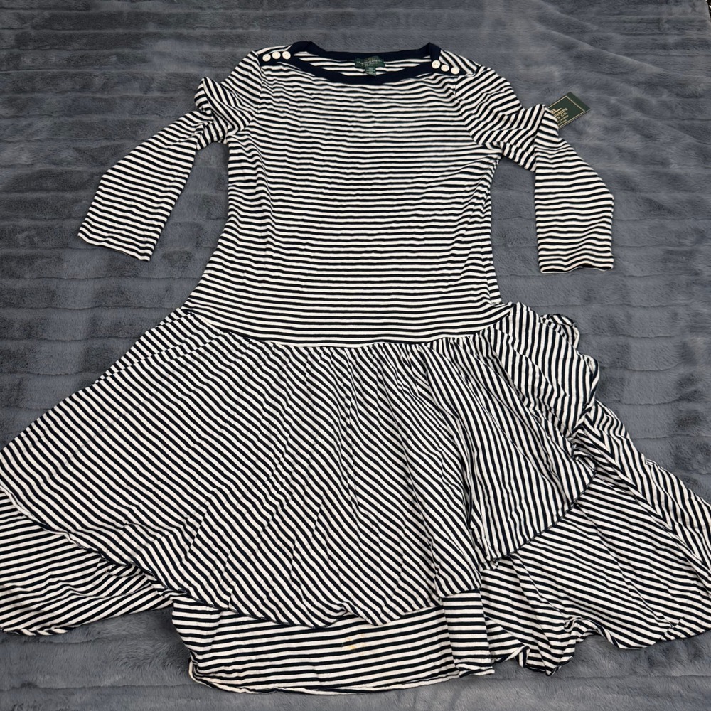 Lauren Ralph Lauren Petite Striped Drop Waist Dress Navy White Button L-PT NWT